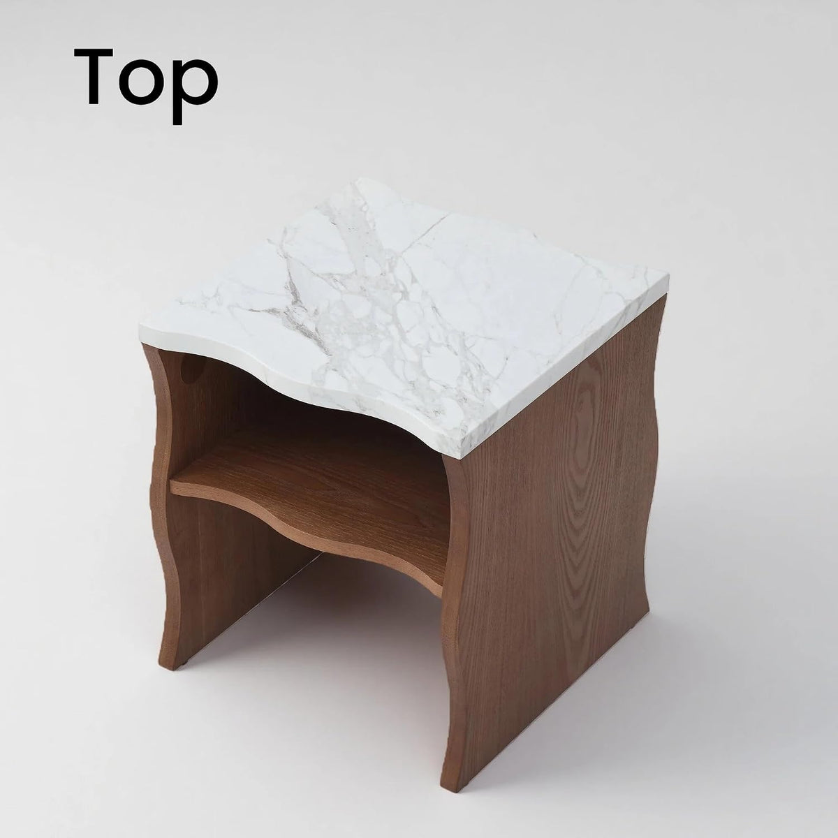 Mid-Century Modern Side Table,17.72" Whisper of Waves Design End Table with White Marble-Pattern Tabletop Open Storage Shelf and Solid Wood Veneered Base Bedroom Nightstand End Table for Living Room