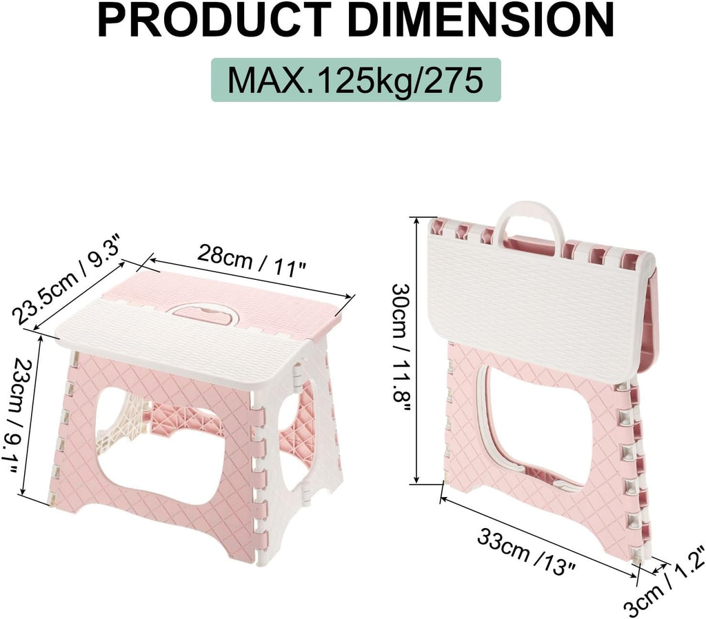 uxcell 9" Folding Step Stool for Adults 275 lbs Capacity Non-Slip Step Stool with Handle Collapsible Foot Stools, Pink Small Stepping Stool for Bathroom, Bedroom, Kitchen