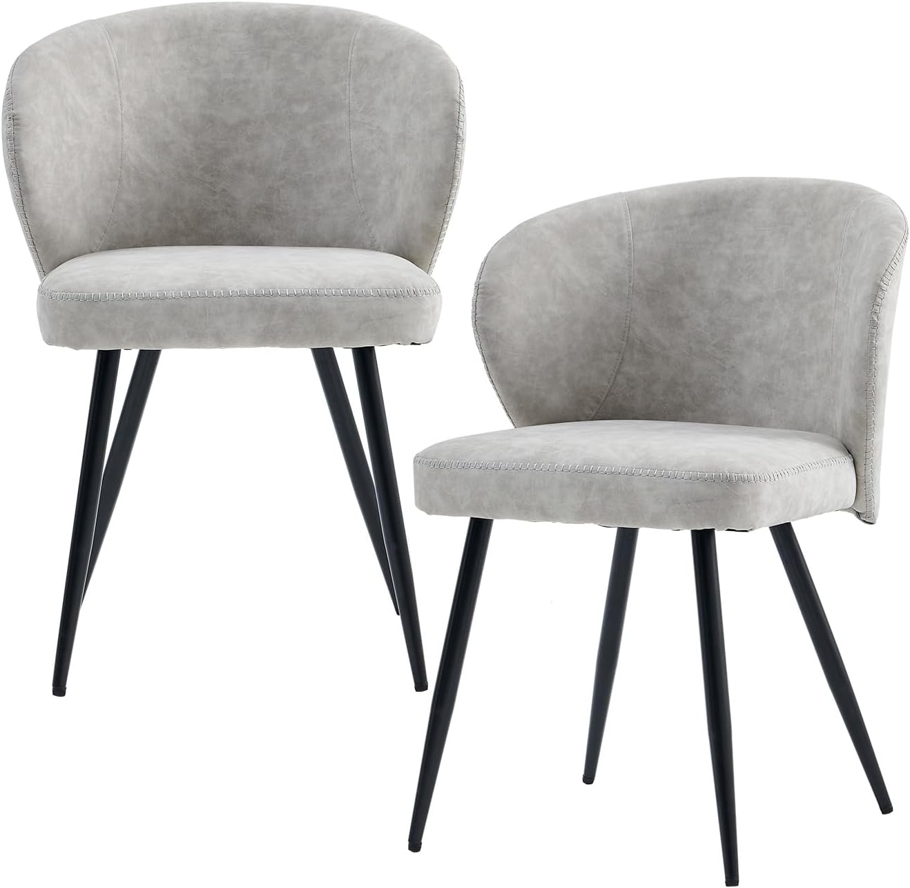 Dining Chairs Set of 2, Mid Century Modern Kitchen Chairs with Leather Cushion & Metal Legs, Upholstered Dining Room Chair with Curved Backrest for Home Kitchen, Grey