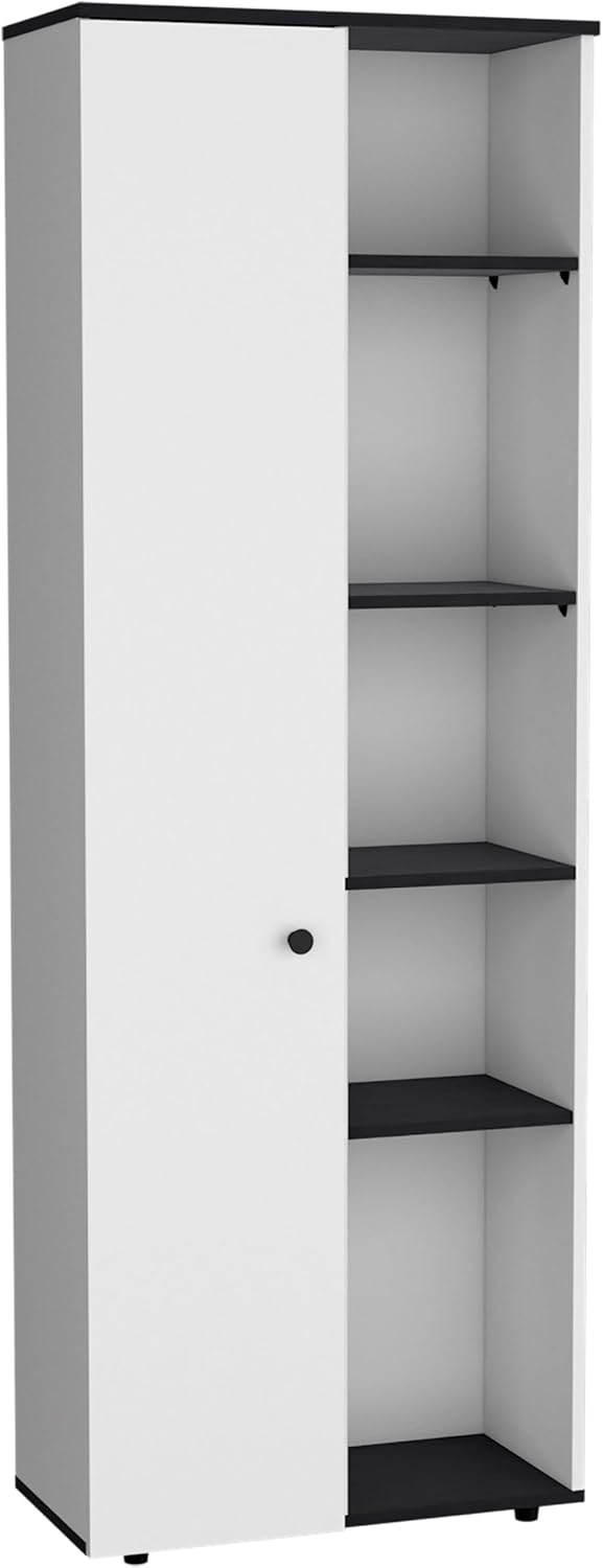 67" H Kitchen Storage Cabinet with One Door, Five Interior Shelves and Five Exterior Shelves,White/Black