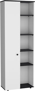 67" H Kitchen Storage Cabinet with One Door, Five Interior Shelves and Five Exterior Shelves,White/Black
