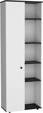 67" H Kitchen Storage Cabinet with One Door, Five Interior Shelves and Five Exterior Shelves,White/Black