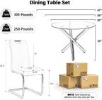 Modern Luxury Round Glass Dining Set for 4, 5 Pieces Clear Circle Glass Kitchen Table with Grey Faux Leather Chairs Set, 47'' Minimalist Circular Dinner Room Set, for Large Place (Silver)
