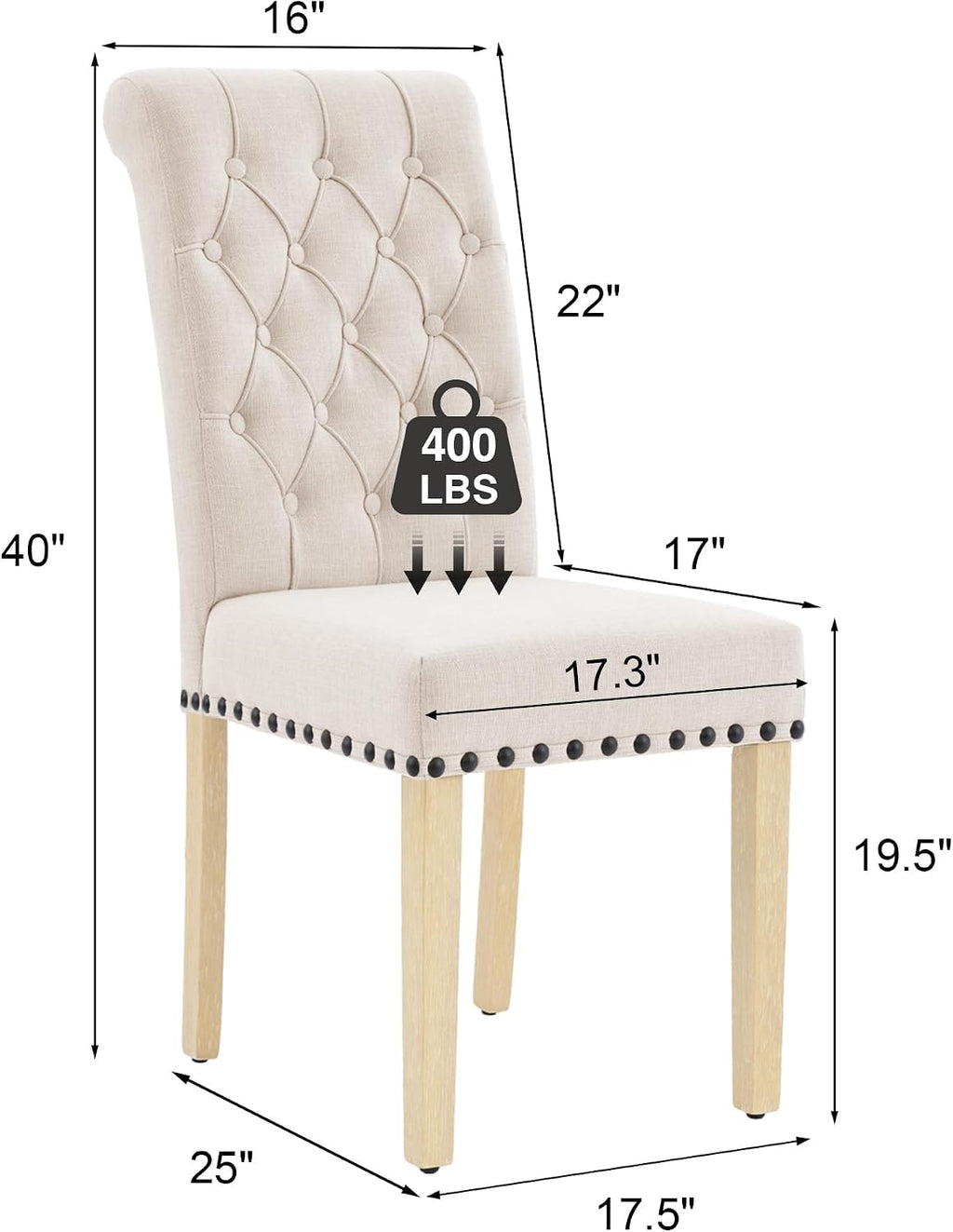 adochr Dining Chairs Set of 2, Linen Armless Parsons Chairs,Beige | Wooden Legs&Tufted Buttons, Upholstered Dining Room Chair for Kitchen/Dining/Living Room