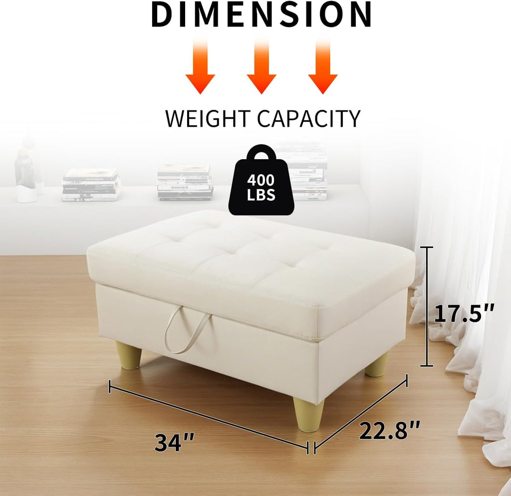 Leather Storage Ottoman Bench,33.5" Large Square Ottoman with Storage, Foot Rest Footstool Bench Coffee Table with Thick Cushion for Home Decor/Entryway/Living Room/Bedroom/Rv Car/Loft,Creamy