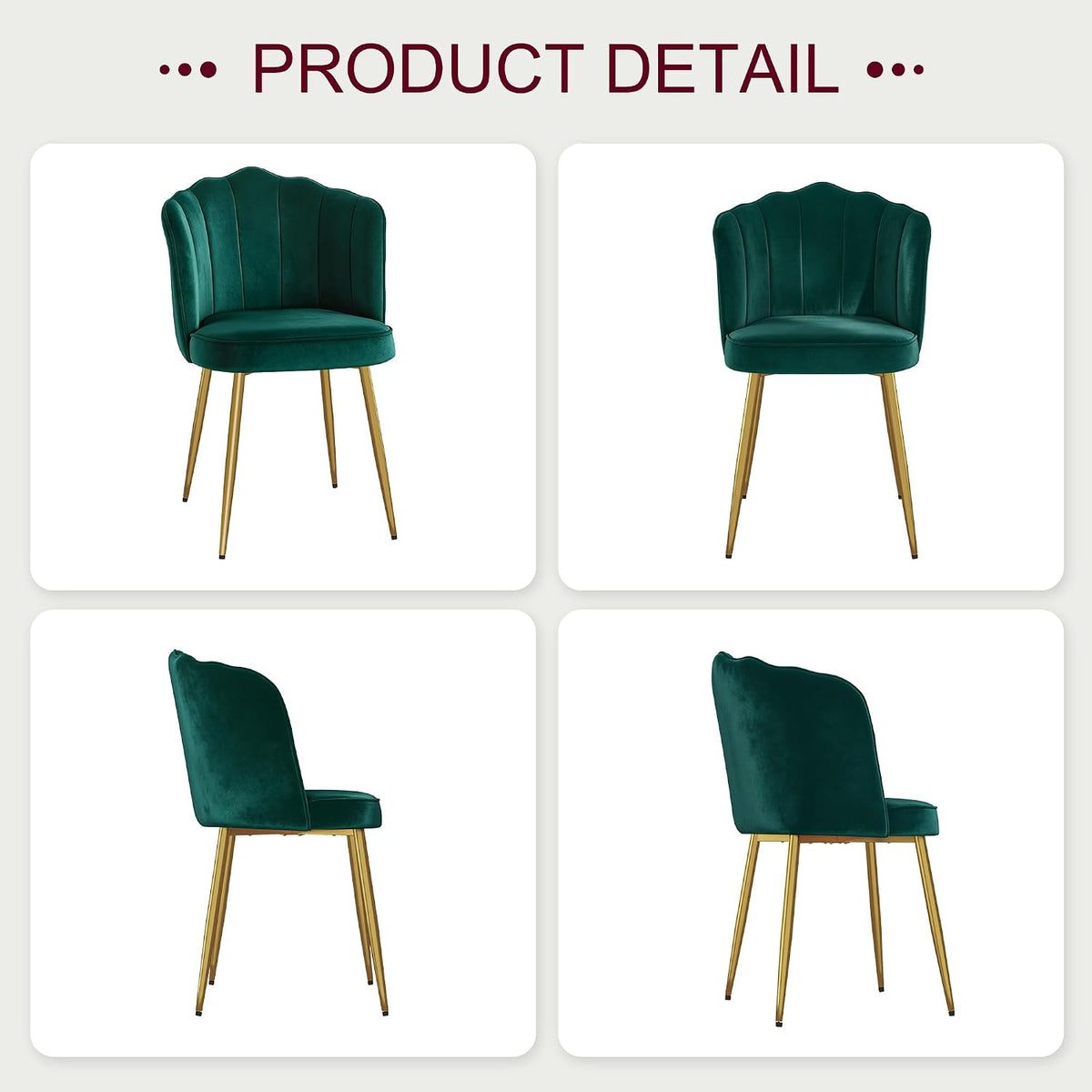 VECELO Velvet Dining Chairs Set of 4, Modern Upholstered Kitchen Chairs with Thick Cushions, Curved Padded Backrest and Metal Legs, for Kitchen, Dining Room, Living Room, Green