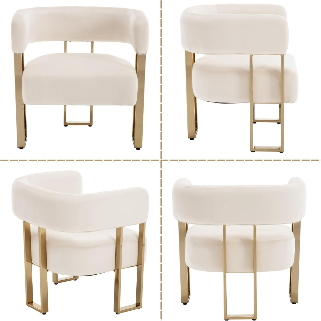 Modern Barrel Accent Chairs Set of 2, Living Room Side Chairs with Golden Metal Legs, Soft Velvet Reading Armchairs for Bedroom, Upholstered Club Chairs for Reception Room/Office, Ivory