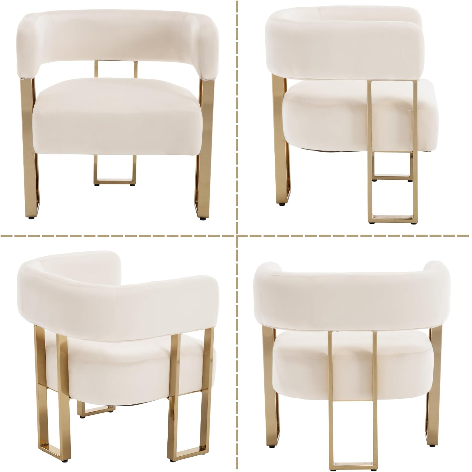 Modern Barrel Accent Chairs Set of 2, Living Room Side Chairs with Golden Metal Legs, Soft Velvet Reading Armchairs for Bedroom, Upholstered Club Chairs for Reception Room/Office, Ivory