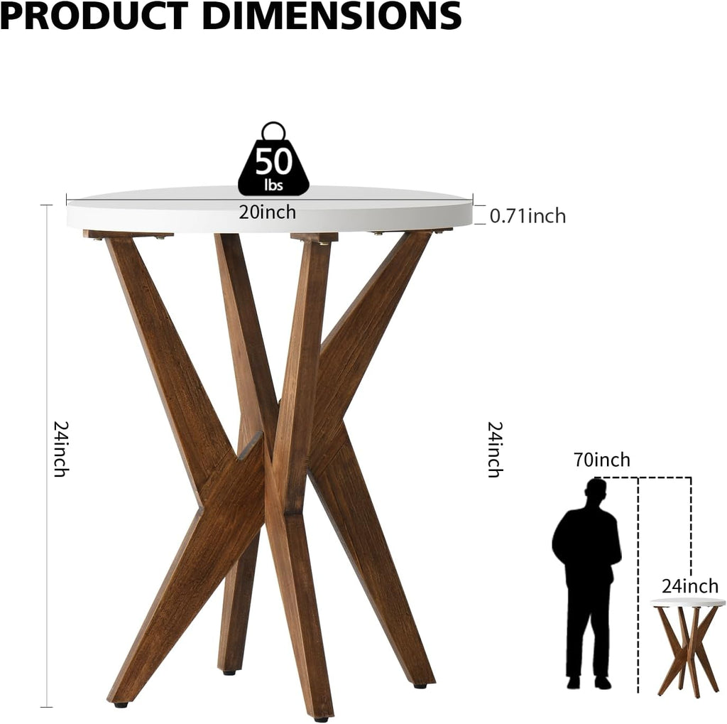 Ahokua Modern Round End Table with Smooth White Top and Crossed Walnut Legs, Minimalist Accent Table for Living Room, Balcony, or Small Spaces, Easy Assembly Bedside Table, White Walnut