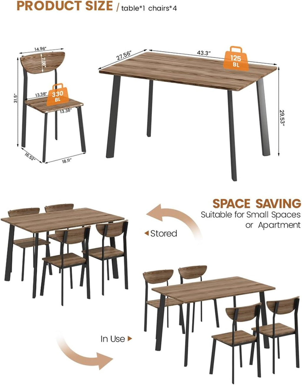 furlinkhm Kitchen Dining Table Set for 4, Modern Rectangular 5 Piece Dining Room Table and Chairs Set, Brown Wooden Metal Table Set for Family Dinner, Party, Afternoon Tea and Work (Curved Moon)