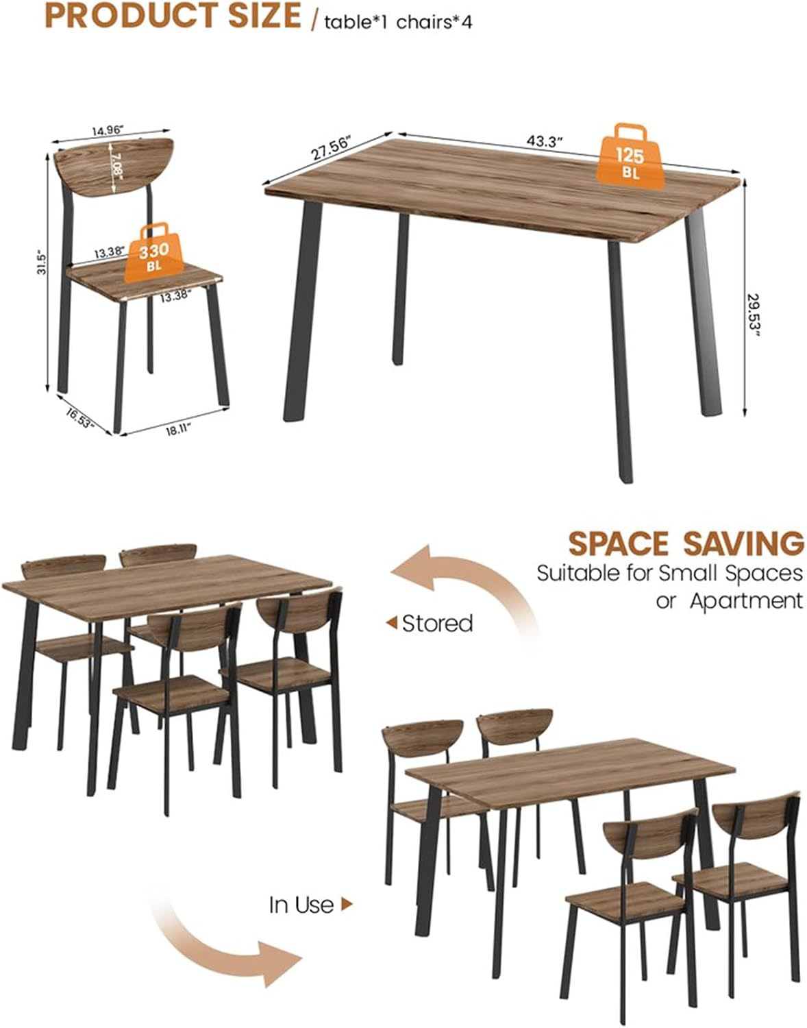 furlinkhm Kitchen Dining Table Set for 4, Modern Rectangular 5 Piece Dining Room Table and Chairs Set, Brown Wooden Metal Table Set for Family Dinner, Party, Afternoon Tea and Work (Curved Moon)