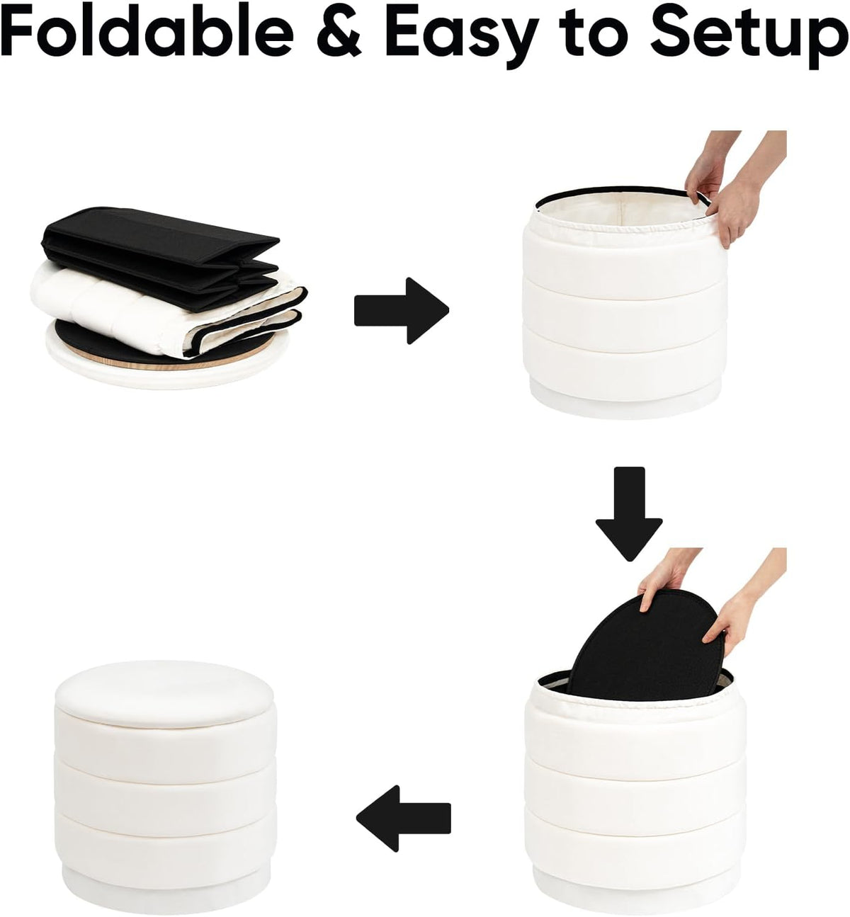 15.4" Round Velvet Storage Ottoman with Reversible Lid, Upholstered Circular Ottoman Footrest with Hidden Storage, Foldable Padded Footstool for Dorm Living Room & Bedroom, White