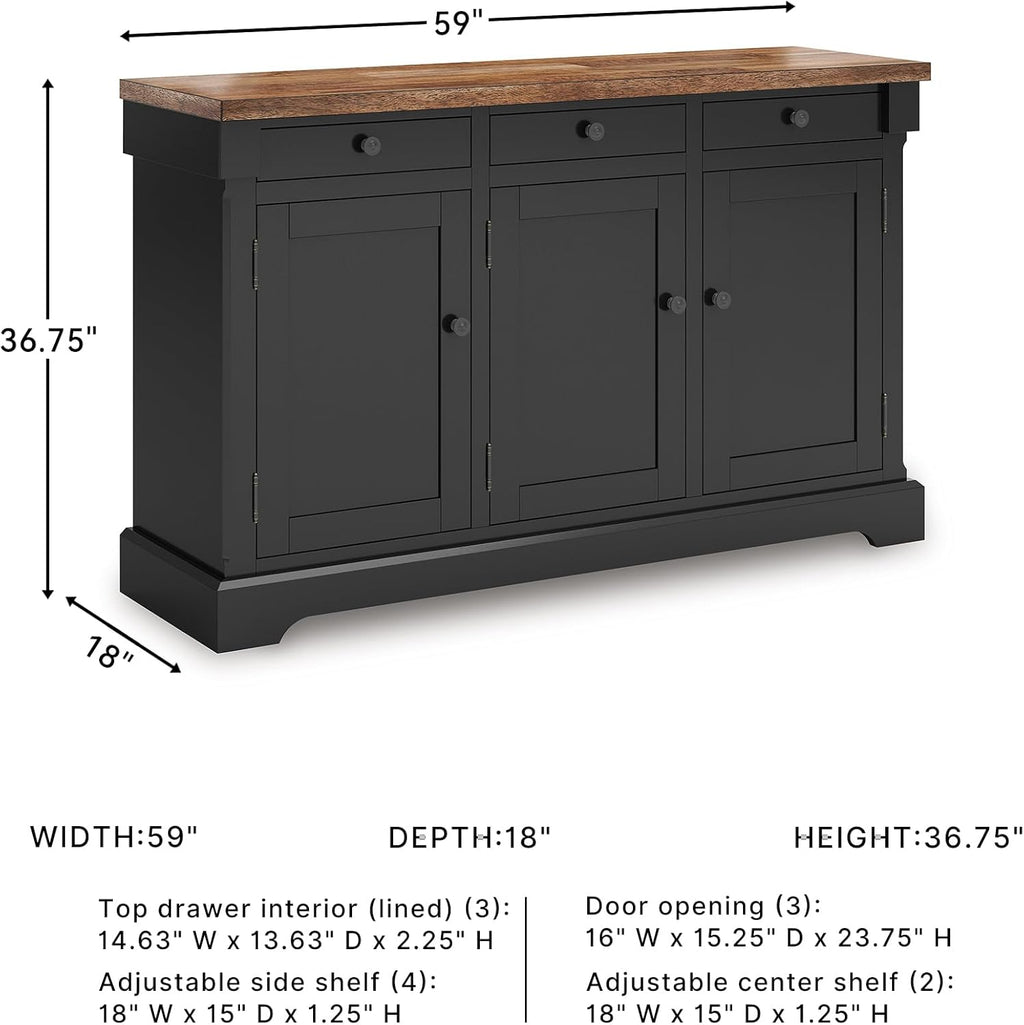 Signature Design by Ashley Wildenauer Buffet Cabinet, Modern Farmhouse Two-Tone Design, Hardwood Solids, Mango Wood Veneer and MDF Substrate, Sideboard Storage for Dining Rooms, Black & Brown, 59" W