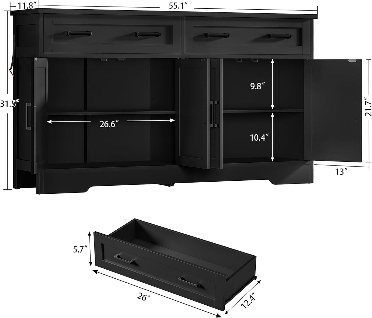 usikey 55" Buffet Cabinet with Storage and Drawers, Large Sideboard Buffet Cabinet with Adjustable Shelves and Doors, Modern Coffee Bar for Kitchen, Living Room, Black
