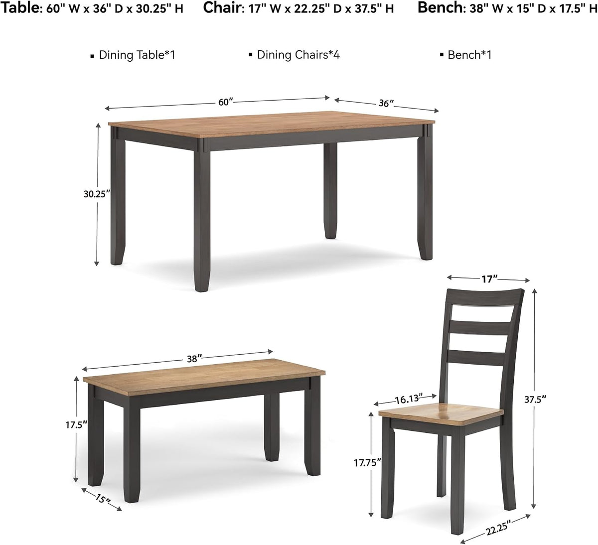 Signature Design by Ashley Gesthaven 6-Piece Dining Table Set with Bench | Two-tone casual style, Durable mango veneer top, Includes 4 ladderback chairs & 1 space-saving under-table bench