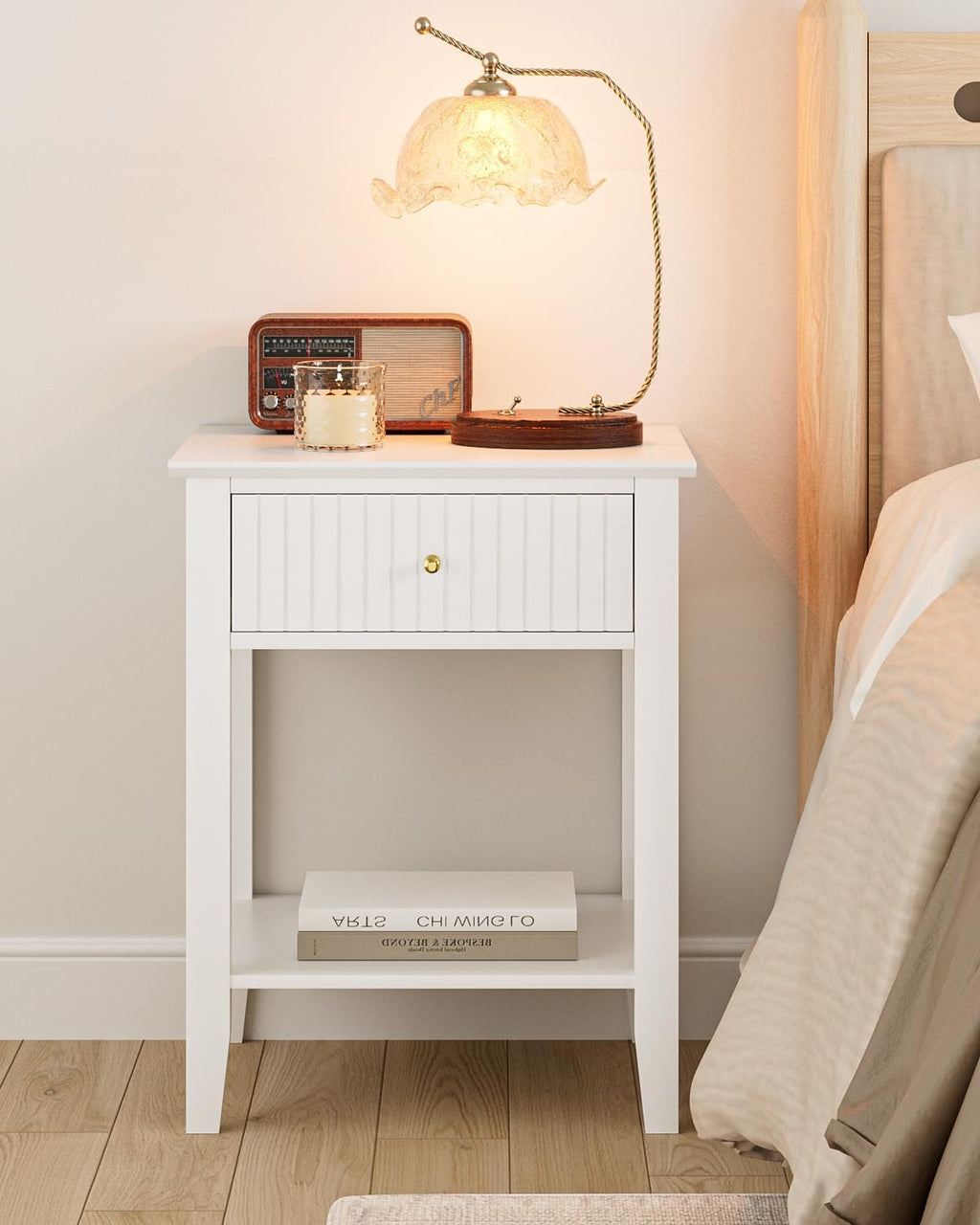 Fluted Nightstand, Farmhouse Night Stand with 1 Drawers, Mid Century Modern Side Accent Table,Bedside End Table for Bedroom, Living Room, White