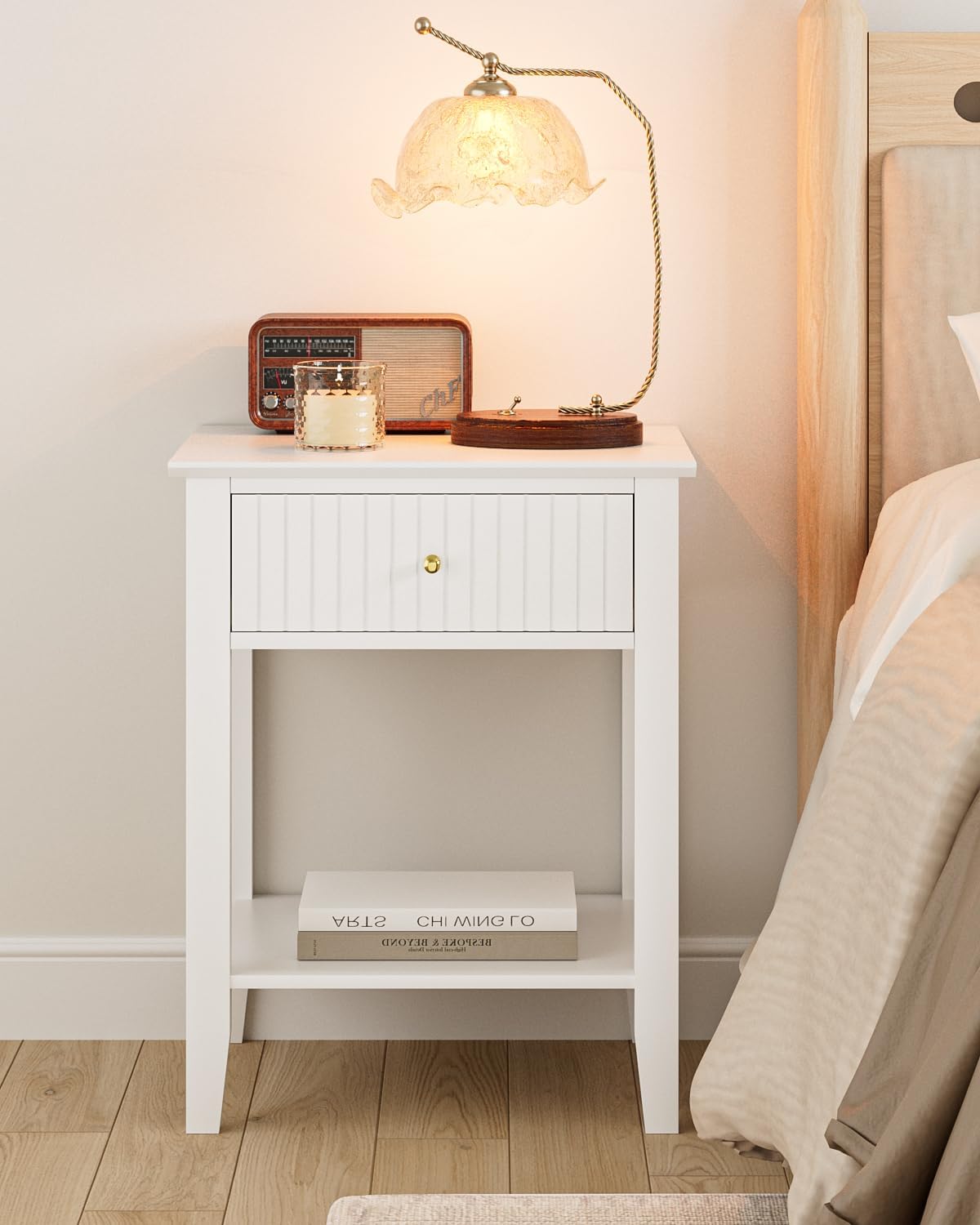 Fluted Nightstand, Farmhouse Night Stand with 1 Drawers, Mid Century Modern Side Accent Table,Bedside End Table for Bedroom, Living Room, White