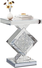 Crushed Diamond Mirrored End Table, Silver Side Accent Table, Small Mirrored Coffee Table for Living Room, Bedroom, 16"x16"x24"