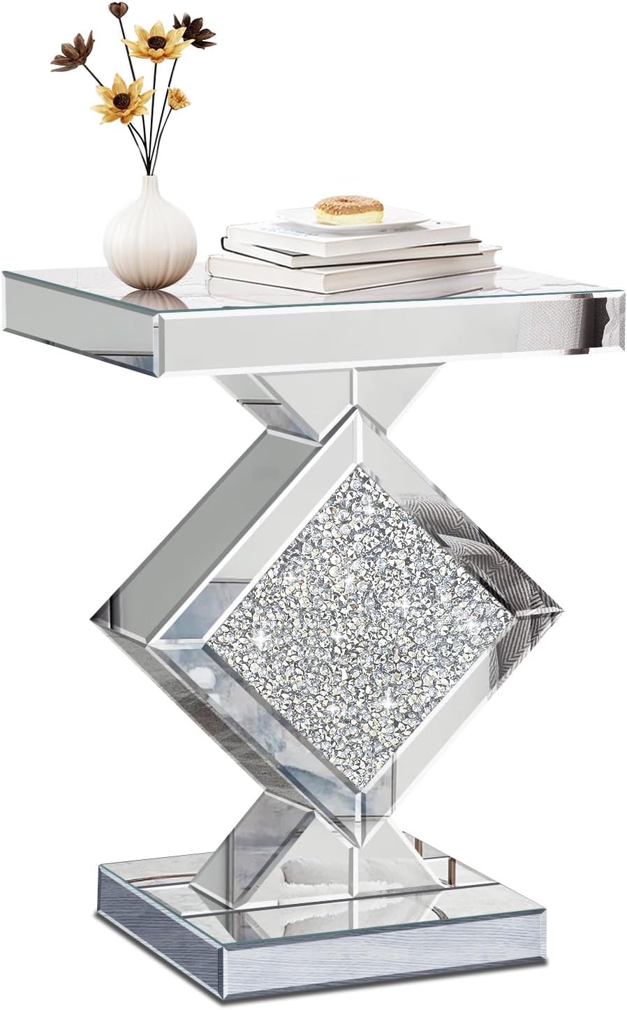 Crushed Diamond Mirrored End Table, Silver Side Accent Table, Small Mirrored Coffee Table for Living Room, Bedroom, 16"x16"x24"
