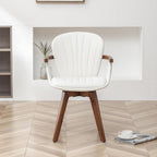 LUNLING Swivel Dining Chairs, Mid Century Modern White Faux Leather Kitchen Chairs with Arms,Bamboo Legs Side Chairs No Wheels,Accent Chair for Dining Rooms and Offices,1PCS