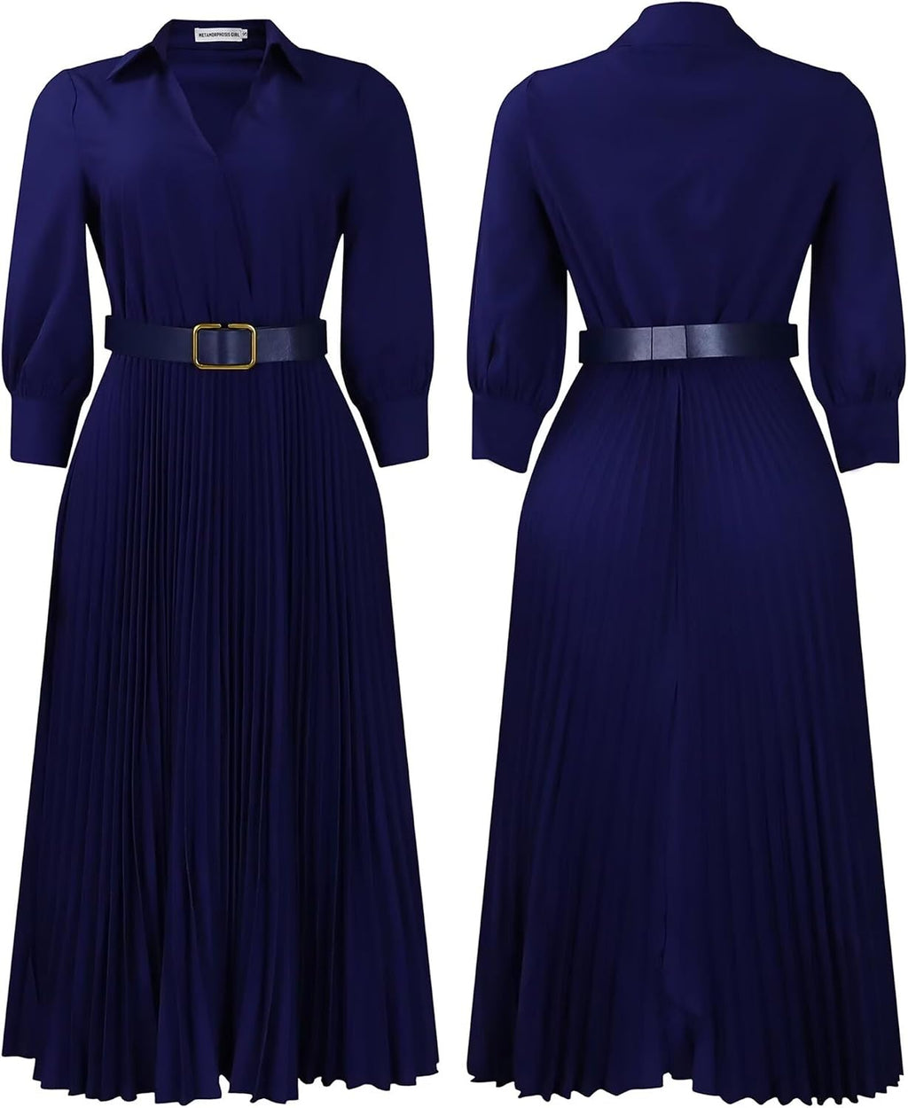 Womens Elegant Dresses Trendy Long Sleeve V Neck Maxi Dresses Flowy Pleated Dresses Formal Cocktail Dresses with Belt