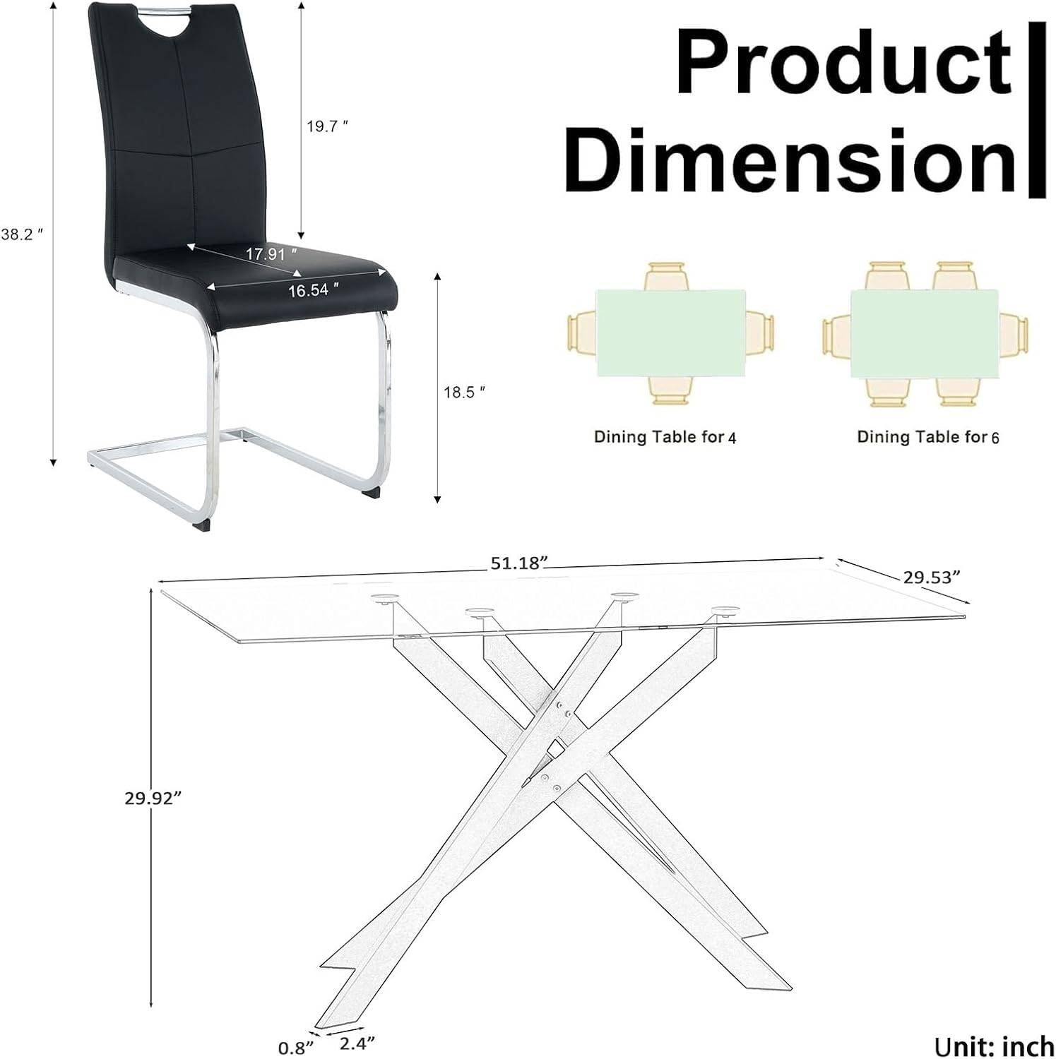 Modern Glass Dining Table Set for 6, Glass Silver Kitchen Table and Chairs Set, 7 Piece Dining Room Table Set with 51" Rectangle Dinner Table and 6 Black Leather Dining Chairs