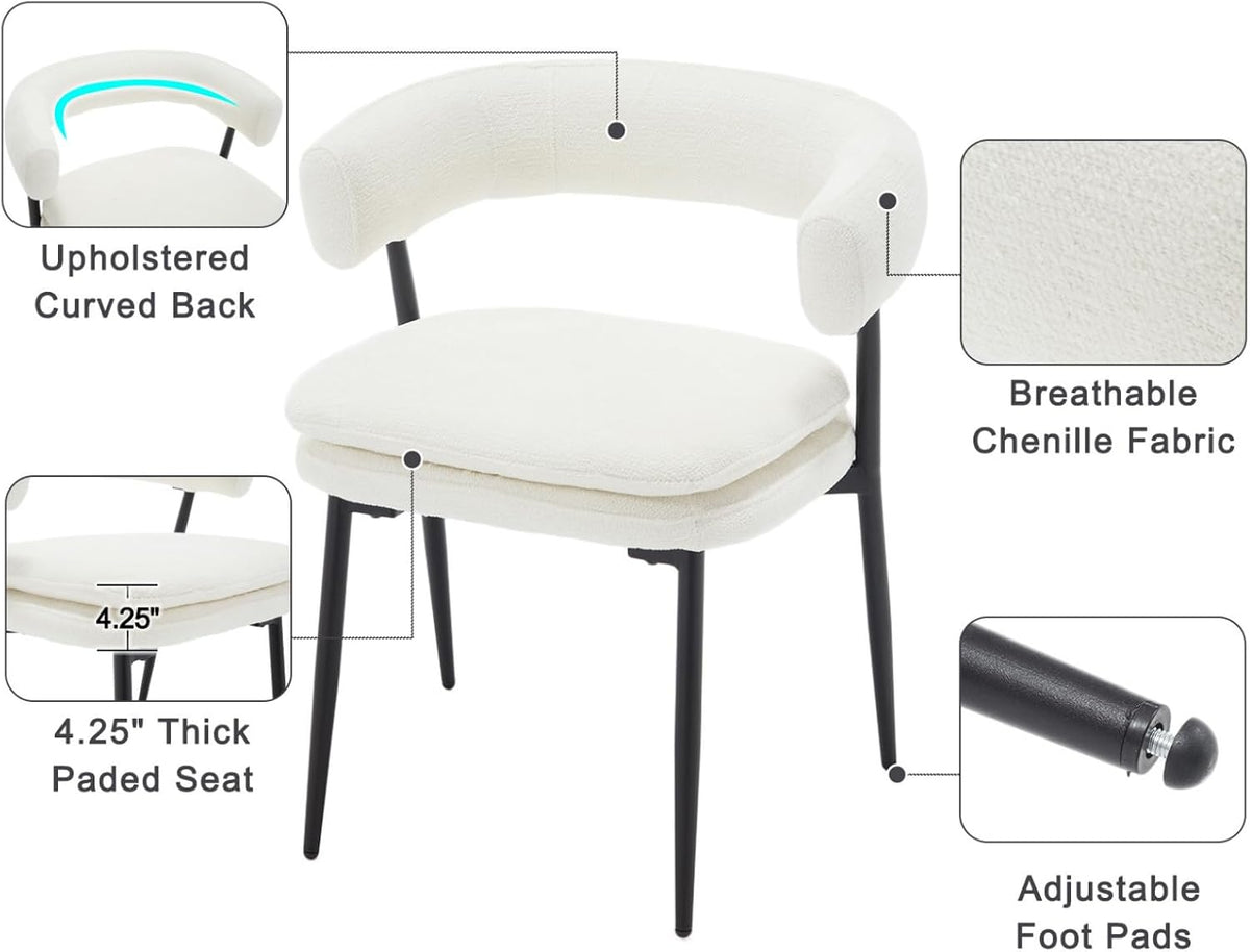 Shunzhi White Upholstered Dining Chairs Set of 6 Modern Barrel Boucle Fabric Dining Room Chairs Comfy Kitchen Chairs Chenille Armless Side Chair with Curved Back for Living Room/Restaurant