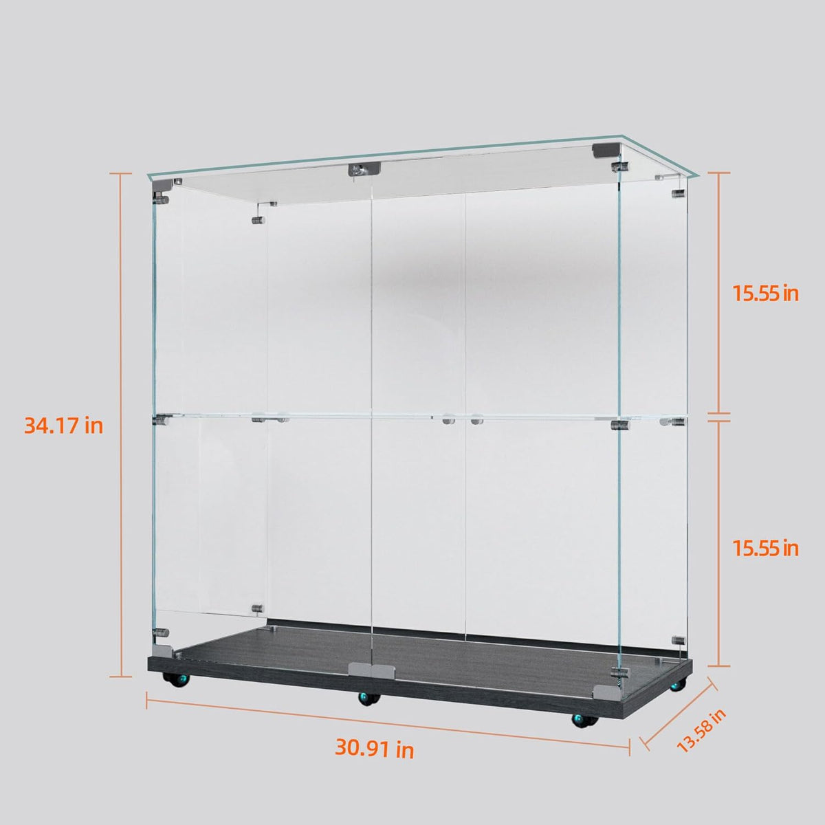 2-Tier Glass Display Cabinet with Bluetooth LED Light Strip, 2-Door Floor Standing Curio Cabinet with Universal Wheel for Home, Black Glass Bookshelf for Collections, Clear Top