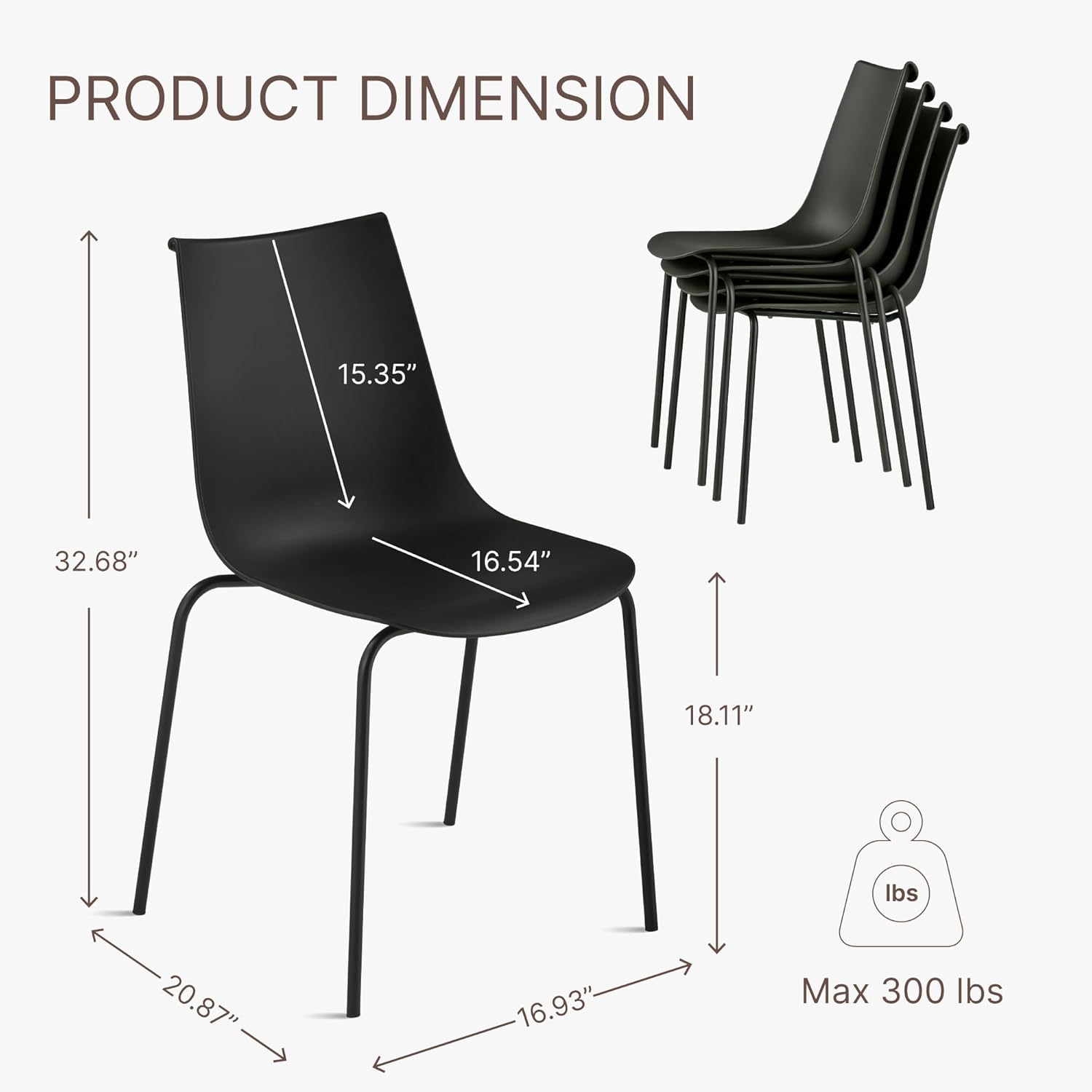 KISLOT Dining Chairs Set of 4, Plastic Outdoor Dining Room Chairs with Metal Legs, PP Anti-UV Stackable Patio Chairs with Ergonomic Back & Curved Seat for Kitchen Swimming Pool, Easy Assembly, Black