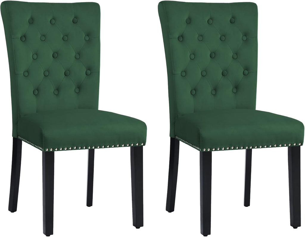 adochr Velvet Dining Chairs Set of 2, Parsons Kitchen Chair, Green | Wooden Legs & Nailed Trim, Upholstered Dining Room Chairs 350 LBS Capacity