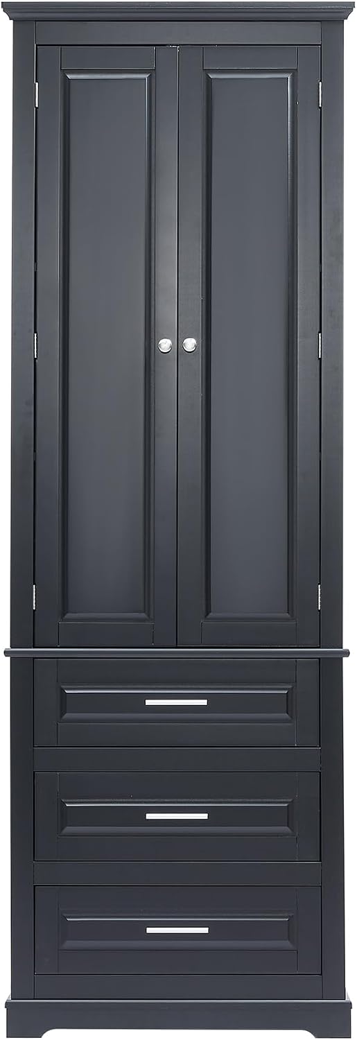 Merax 70" Pantry Cabinet with Two Doors & Three Drawer, Adjustable Shelves Storage Cupboard for Kitchen/Dining Room/Bathroom, Black