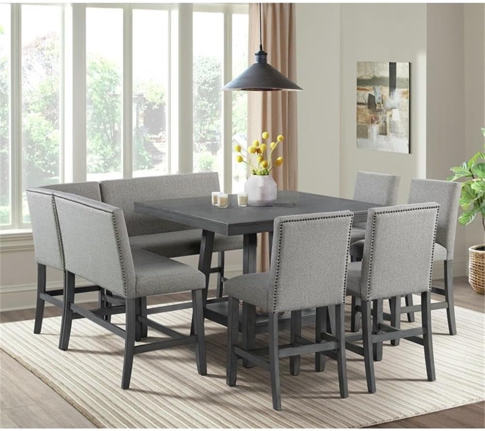 Pemberly Row Counter Corner Bench, 22" W x 22" D x 40" H, Upholstered Back in Gray, Foam-Filled Seat, Nailhead Trim, Rubberwood Frame, Versatile Seating for Kitchen or Dining Room