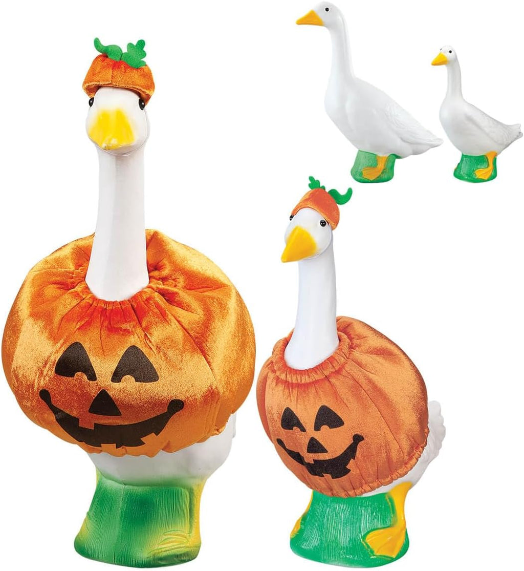 Fox Valley Traders Gaggleville Goose Pumpkin Bundle, Includes One Large 23" White Goose, One Baby 17" White Goose and Two Outfits - One Baby & One Large Pumpkin Goose Outfit Included