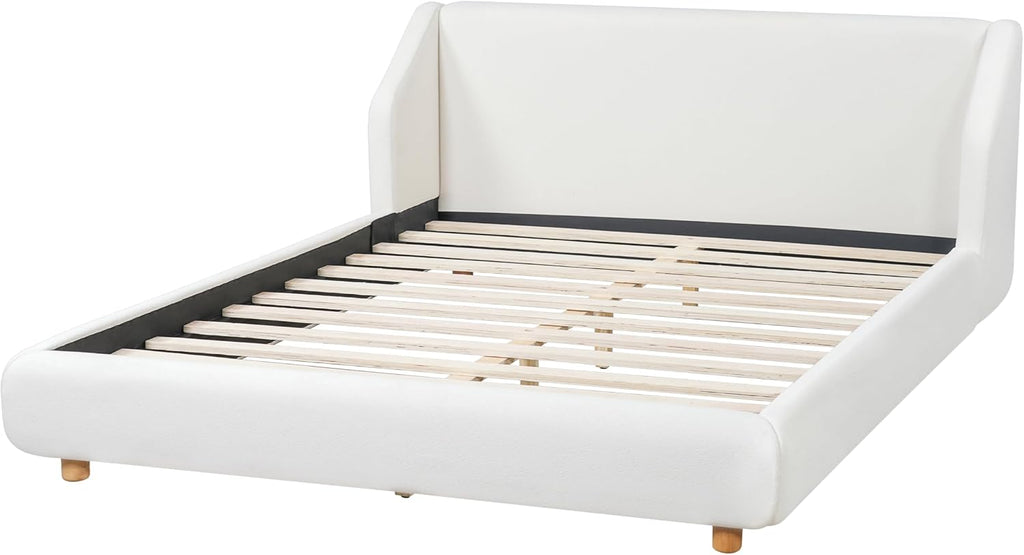 Christopher Knight Home Astry Boucle Upholstered Queen Size Bed Frame with Wingback Headboard, Modern Queen Bed Frame and Headboard, Wooden Slats Support, Easy Assembly, No Box Spring Needed, White