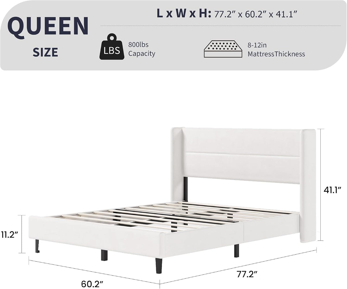 IDEALHOUSE Queen Size Bed Frame, Velvet Bed with Wingback Headboard, White