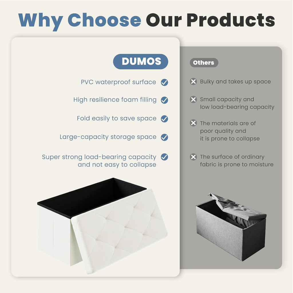 DUMOS 30 Inches Folding Ottoman with Storage Bench, Foot Rest Stool, End of Bed Storage Bench Upholstered, Load 660 lbs, for Living Room, Lychee Grain Leather, Beige