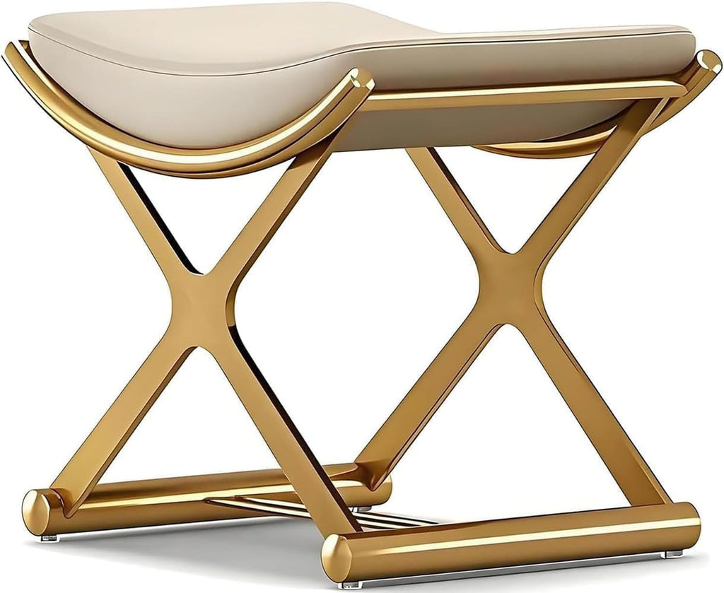 Makeup Vanity Stool Chair - Small Backless Leather Ottoman Bench Gold | With Cushioned Seat and Metal X-Frame for Vanity Desk, Bathroom, Bedroom and Dressing Room