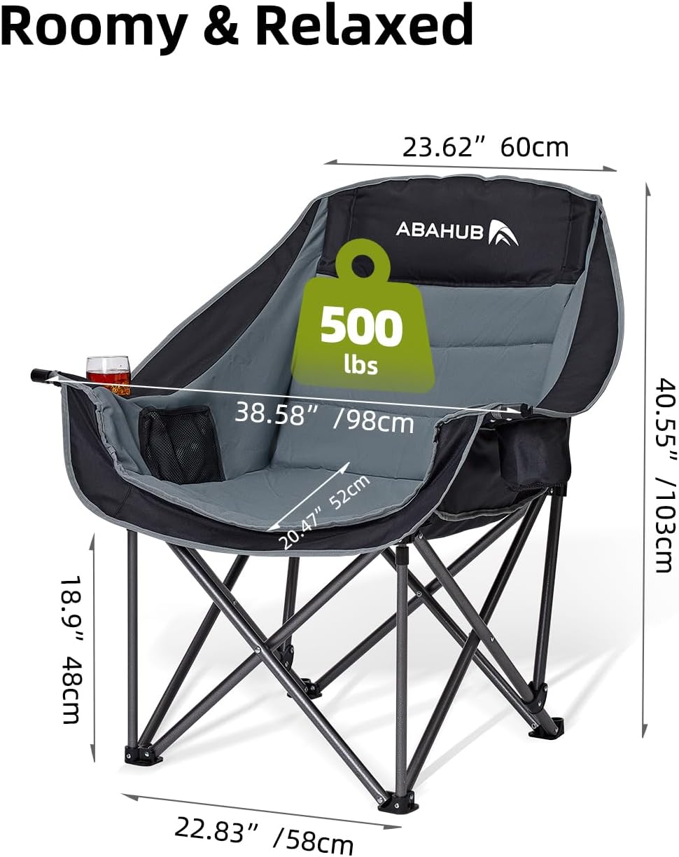 Abahub Camping Chairs Oversized Padded Heavy Duty Quad Foldable Portable Folding Chairs XL Lawn Chairs Wide Giant Big for Adults Support 500 lbs for Outdoors Black Grey