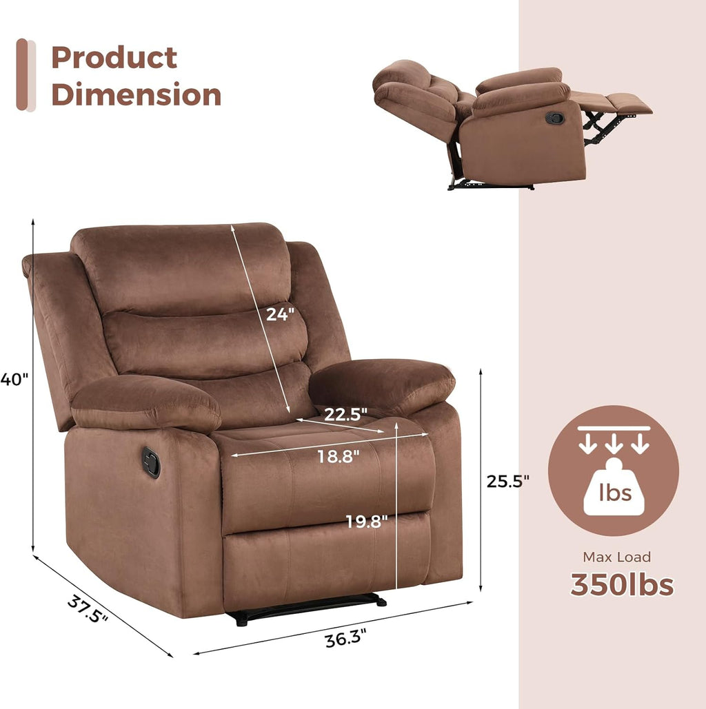 ANJ Manual Recliner Chair for Adults, Velvet Reclining Chair with Padded Arms and Overstuffed Backrest, Single Recliner Sofa for Living Room, Dark Brown