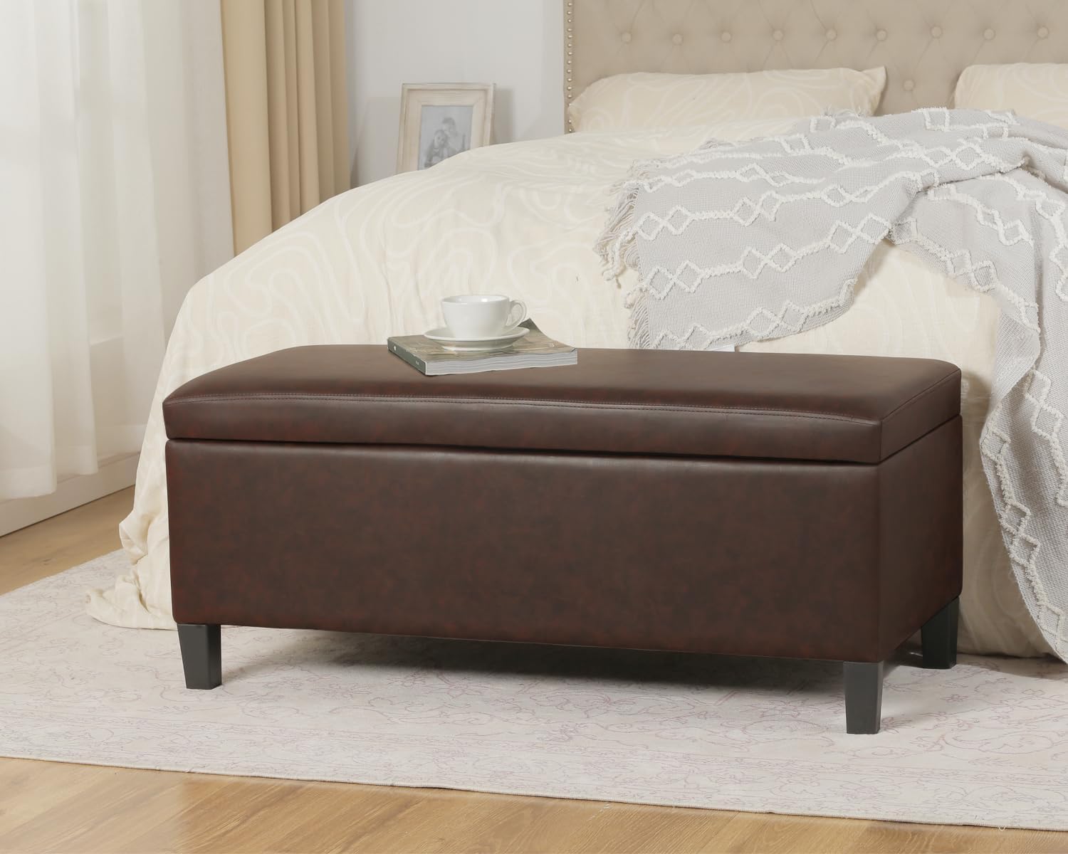 Adeco 42" Storage Leather Bench for Living Room – Black & Red Two-Tone End of Bed Storage Bench, Multi-Functional Top-Lift Coffee Table Ottoman with Storage for Bedroom or Entryway