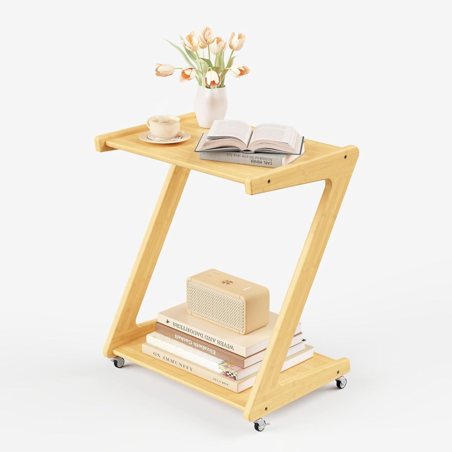 Auroral Zone Solid Wood Rolling Side Table with 2 Tiers, Mobile Z-Frame Snack Cart Or Coffee Table for Living Room, Bedroom & Sofa Use, Easy to Move