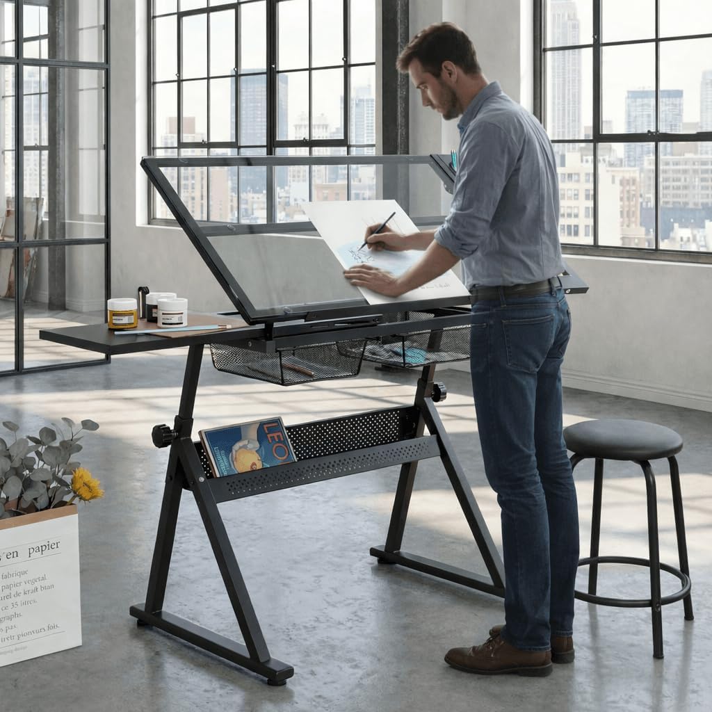 Litex Adjustable Drafting Table with Stool, Glass Top Art Desk for Drawing & Painting, 0–75° Tilting Tabletop, Height Adjustable Craft Desk with Storage Drawers for Home Office Studio (Black)