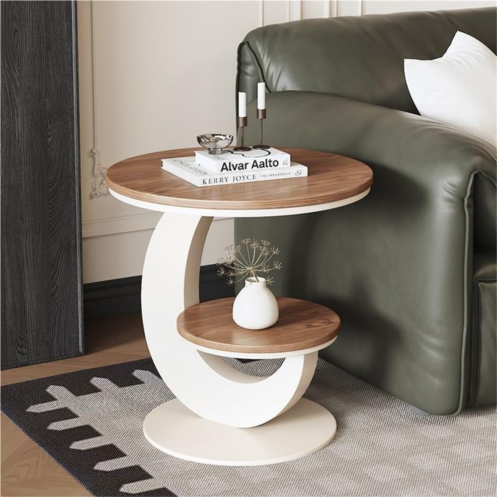 Round Sofa Side Table with 2 Storage Shelves, Vintage Wooden End Tables, Small Bedside Nightstand, Drink Table, Accent Tables for Living Room, Bedroom, Apartment, Small Spaces(Beige,15.7''x23.6'')