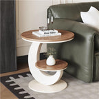 Round Sofa Side Table with 2 Storage Shelves, Vintage Wooden End Tables, Small Bedside Nightstand, Drink Table, Accent Tables for Living Room, Bedroom, Apartment, Small Spaces(Beige,15.7''x23.6'')