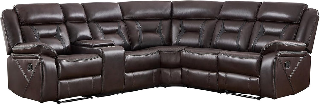EBELLO Faux Leather Reclining Sectional Sofa Set for Living Room, 1 Recliner Chair and L-Shaped Corner Manual Recliner Sofa Home Furniture Set with Center Console, Cup Holders and Storage, Dark Brown