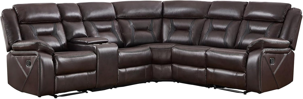 EBELLO Faux Leather Reclining Sectional Sofa Set for Living Room, 1 Recliner Chair and L-Shaped Corner Manual Recliner Sofa Home Furniture Set with Center Console, Cup Holders and Storage, Dark Brown