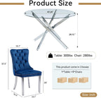 Round Glass Dining Table Set for 4, Small Kitchen Table Set for 4, 47" Round Glass Table and Chairs Set of 4, 5 Piece Round Dining Room Table Set w/Navy Blue Velvet Chairs for Breakfast Dinette Cafe