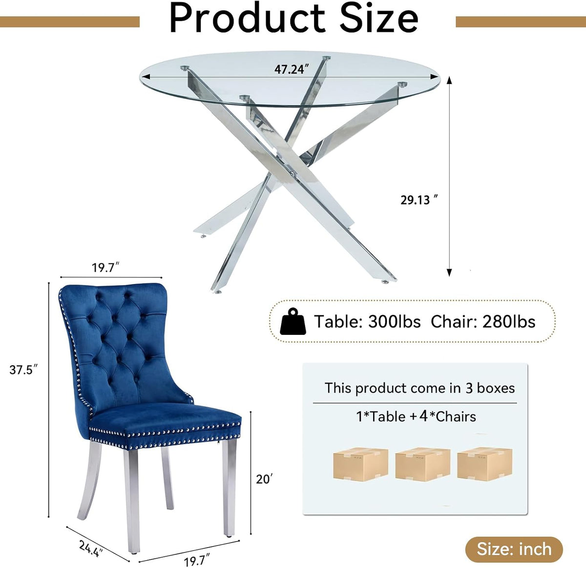 Round Glass Dining Table Set for 4, Small Kitchen Table Set for 4, 47" Round Glass Table and Chairs Set of 4, 5 Piece Round Dining Room Table Set w/Navy Blue Velvet Chairs for Breakfast Dinette Cafe
