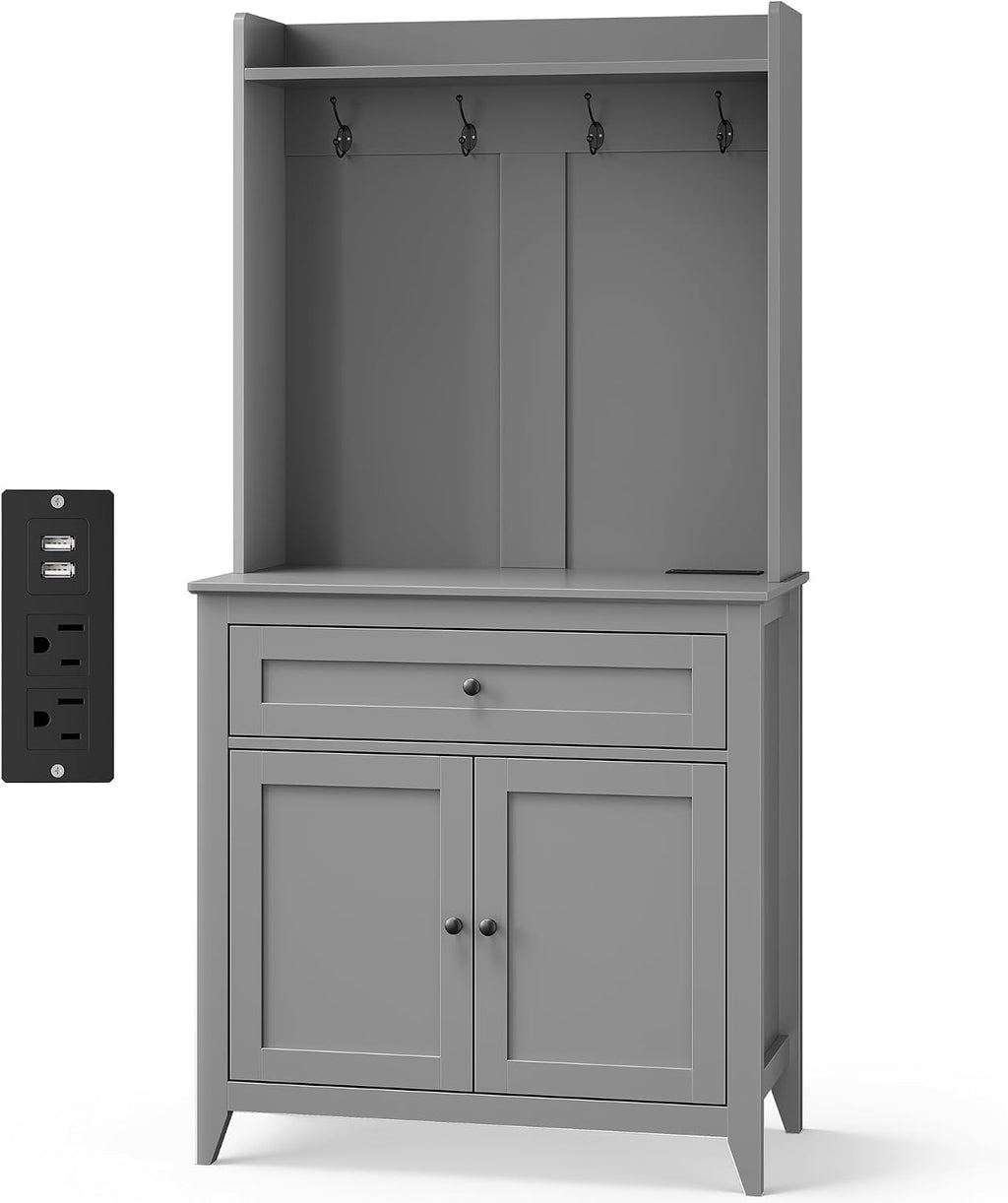 GarveeHome 63'' Pantry Cabinet with 4 Hooks, Kitchen Storage Cabinet with Charging Station, Coffee Bar Table for Living Room, Dining Room, 1 Large Drawer, Adjustable Shelves, Grey
