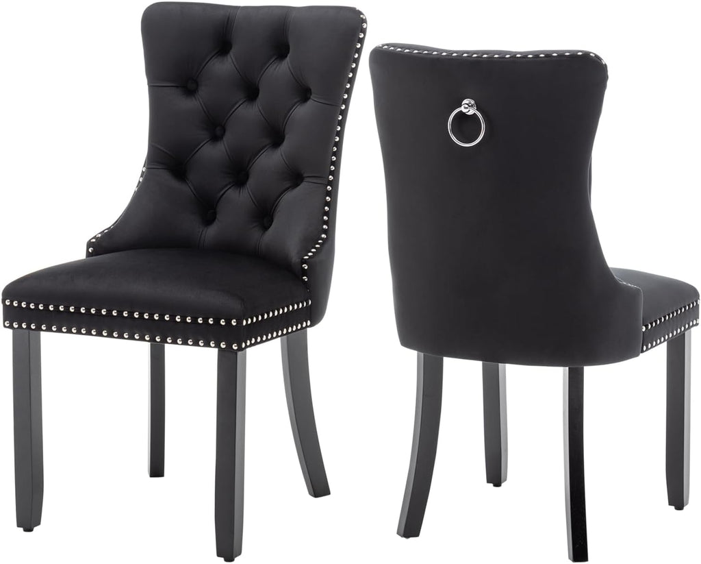 Virabit Velvet Dining Chairs, Tufted Upholstered Dining Chairs with Nailhead Back and Ring Pull Trim, Solid Wood Dining Chairs for Kitchen/Bedroom/Dining Room (Black, Set of 2)